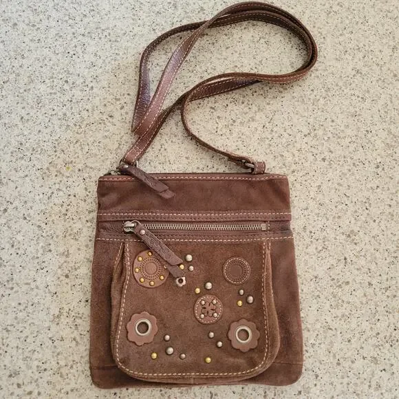 Fossil Brown Leather Suede Crossbody Bag Floral Stud Grommet Applique Full Zip - Picture 3 of 15